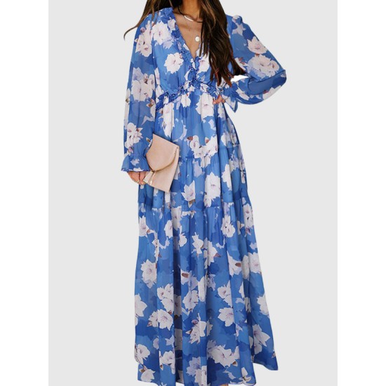 Flower Print Pleated Ruffled High Waisted Long Sleeves V-neck Maxi Dresses Flower Print Pleated Ruffled High Waisted Long Sleeves V-neck Maxi Dresses