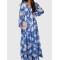 Flower Print Pleated Ruffled High Waisted Long Sleeves V-neck Maxi Dresses