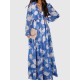 Flower Print Pleated Ruffled High Waisted Long Sleeves V-neck Maxi Dresses Flower Print Pleated Ruffled High Waisted Long Sleeves V-neck Maxi Dresses