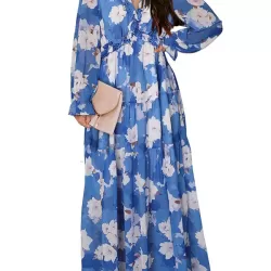 Flower Print Pleated Ruffled High Waisted Long Sleeves V-neck Maxi Dresses