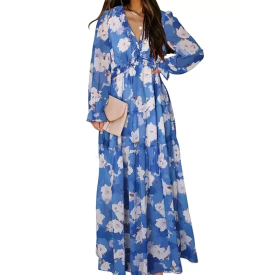 Flower Print Pleated Ruffled High Waisted Long Sleeves V-neck Maxi Dresses Flower Print Pleated Ruffled High Waisted Long Sleeves V-neck Maxi Dresses