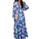 Flower Print Pleated Ruffled High Waisted Long Sleeves V-neck Maxi Dresses Flower Print Pleated Ruffled High Waisted Long Sleeves V-neck Maxi Dresses