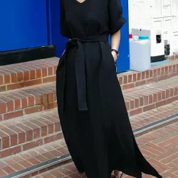 Hollow Solid Color Split-Side Tied Waist A-Line Loose V-Neck Midi Dresses