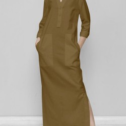Solid Color Split-Joint Long Sleeves Loose V-Neck Maxi Dresses