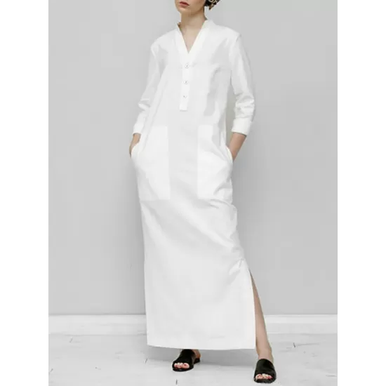 Solid Color Split-Joint Long Sleeves Loose V-Neck Maxi Dresses Solid Color Split-Joint Long Sleeves Loose V-Neck Maxi Dresses