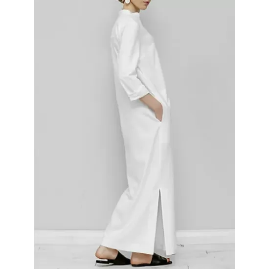 Solid Color Split-Joint Long Sleeves Loose V-Neck Maxi Dresses Solid Color Split-Joint Long Sleeves Loose V-Neck Maxi Dresses