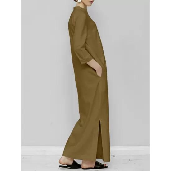 Solid Color Split-Joint Long Sleeves Loose V-Neck Maxi Dresses Solid Color Split-Joint Long Sleeves Loose V-Neck Maxi Dresses