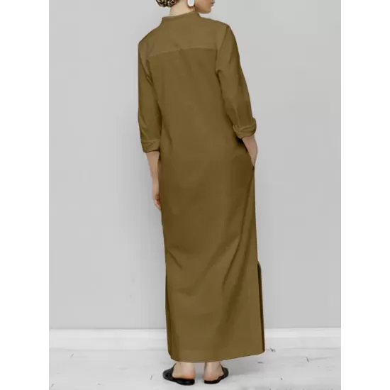 Solid Color Split-Joint Long Sleeves Loose V-Neck Maxi Dresses Solid Color Split-Joint Long Sleeves Loose V-Neck Maxi Dresses