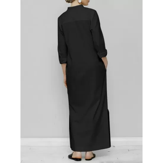 Solid Color Split-Joint Long Sleeves Loose V-Neck Maxi Dresses Solid Color Split-Joint Long Sleeves Loose V-Neck Maxi Dresses