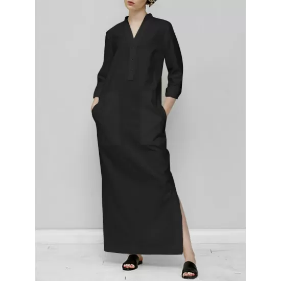 Solid Color Split-Joint Long Sleeves Loose V-Neck Maxi Dresses Solid Color Split-Joint Long Sleeves Loose V-Neck Maxi Dresses