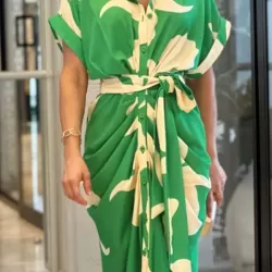 Buttoned Flower Print Tied Waist High Waisted Short Sleeves Lapel Shirt Dress Maxi Dresses