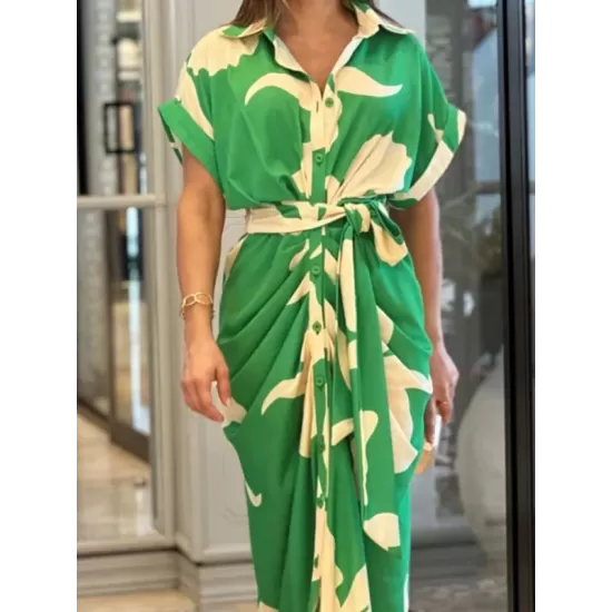 Buttoned Flower Print Tied Waist High Waisted Short Sleeves Lapel Shirt Dress Maxi Dresses Buttoned Flower Print Tied Waist High Waisted Short Sleeves Lapel Shirt Dress Maxi Dresses