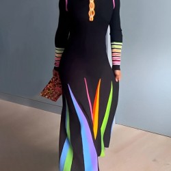 Long Sleeves Skinny Buttoned Printed Lapel Maxi Dresses