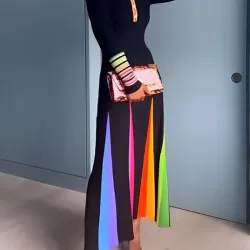 Long Sleeves Skinny Buttoned Printed Lapel Maxi Dresses