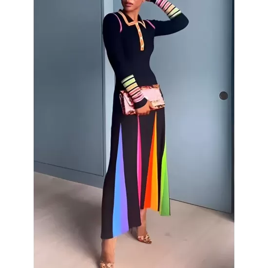 Long Sleeves Skinny Buttoned Printed Lapel Maxi Dresses Long Sleeves Skinny Buttoned Printed Lapel Maxi Dresses