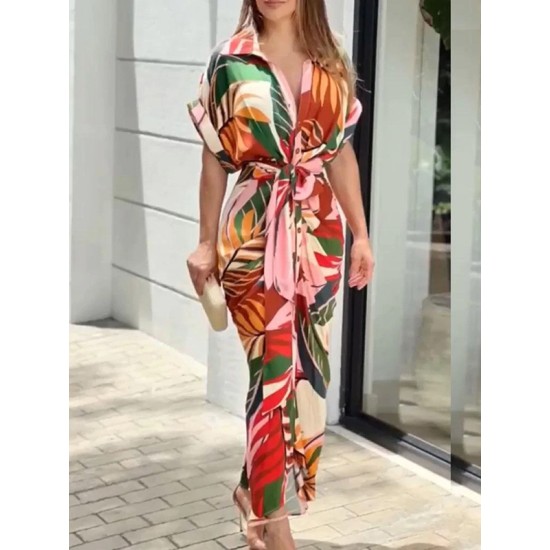 Buttoned Printed Tied Waist High Waisted Short Sleeves Lapel Shirt Dress Maxi Dresses Buttoned Printed Tied Waist High Waisted Short Sleeves Lapel Shirt Dress Maxi Dresses