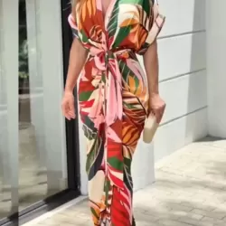 Buttoned Printed Tied Waist High Waisted Short Sleeves Lapel Shirt Dress Maxi Dresses