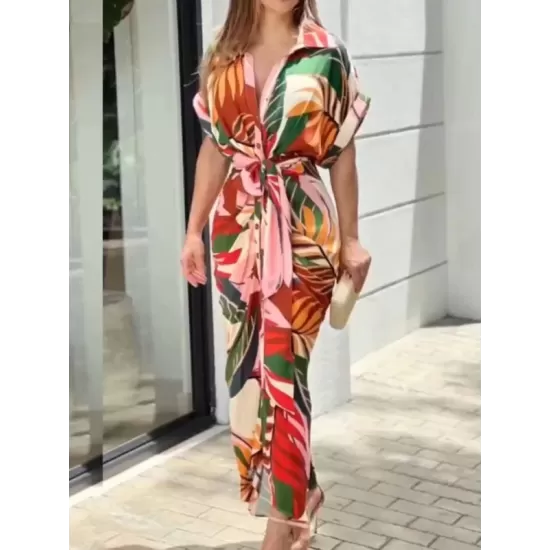 Buttoned Printed Tied Waist High Waisted Short Sleeves Lapel Shirt Dress Maxi Dresses Buttoned Printed Tied Waist High Waisted Short Sleeves Lapel Shirt Dress Maxi Dresses