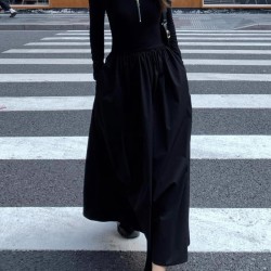 Pleated Solid Color Split-Joint Zipper High Waisted Long Sleeves V-Neck Midi Dresses