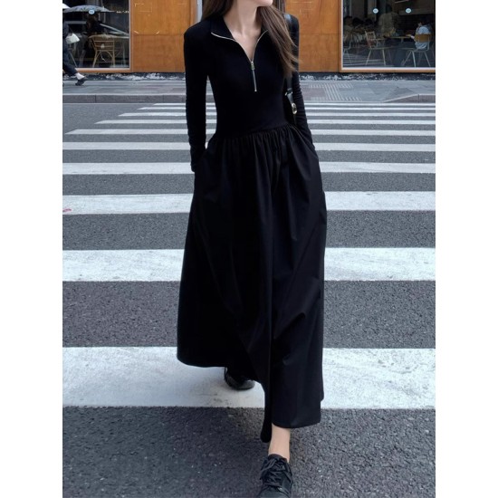Pleated Solid Color Split-Joint Zipper High Waisted Long Sleeves V-Neck Midi Dresses Pleated Solid Color Split-Joint Zipper High Waisted Long Sleeves V-Neck Midi Dresses