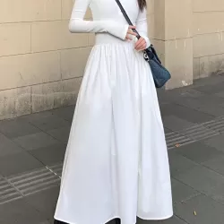 Pleated Solid Color Split-Joint Zipper High Waisted Long Sleeves V-Neck Midi Dresses