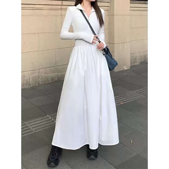 Pleated Solid Color Split-Joint Zipper High Waisted Long Sleeves V-Neck Midi Dresses Pleated Solid Color Split-Joint Zipper High Waisted Long Sleeves V-Neck Midi Dresses