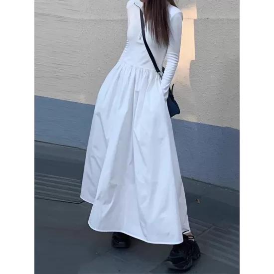 Pleated Solid Color Split-Joint Zipper High Waisted Long Sleeves V-Neck Midi Dresses Pleated Solid Color Split-Joint Zipper High Waisted Long Sleeves V-Neck Midi Dresses