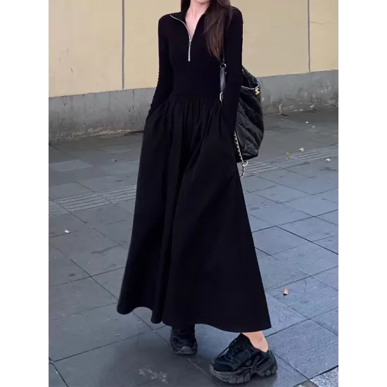 Pleated Solid Color Split-Joint Zipper High Waisted Long Sleeves V-Neck Midi Dresses Pleated Solid Color Split-Joint Zipper High Waisted Long Sleeves V-Neck Midi Dresses