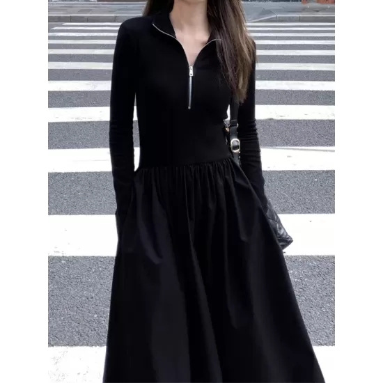 Pleated Solid Color Split-Joint Zipper High Waisted Long Sleeves V-Neck Midi Dresses Pleated Solid Color Split-Joint Zipper High Waisted Long Sleeves V-Neck Midi Dresses