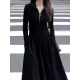 Pleated Solid Color Split-Joint Zipper High Waisted Long Sleeves V-Neck Midi Dresses Pleated Solid Color Split-Joint Zipper High Waisted Long Sleeves V-Neck Midi Dresses