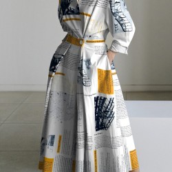 Long Sleeves Loose Newspaper Print Pleated Tied Waist Lapel Midi Dresses Shirt Dress