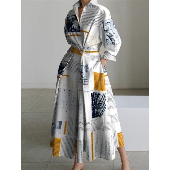 Long Sleeves Loose Newspaper Print Pleated Tied Waist Lapel Midi Dresses Shirt Dress Long Sleeves Loose Newspaper Print Pleated Tied Waist Lapel Midi Dresses Shirt Dress