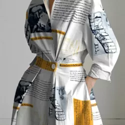 Long Sleeves Loose Newspaper Print Pleated Tied Waist Lapel Midi Dresses Shirt Dress
