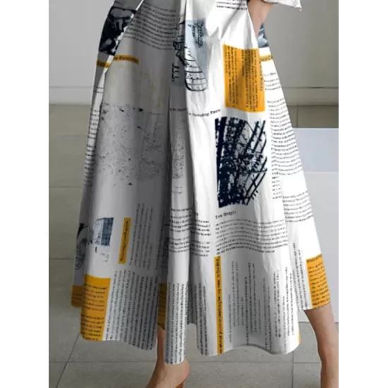 Long Sleeves Loose Newspaper Print Pleated Tied Waist Lapel Midi Dresses Shirt Dress Long Sleeves Loose Newspaper Print Pleated Tied Waist Lapel Midi Dresses Shirt Dress