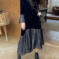 Pleated Split-Joint Flared Sleeves High Waisted Round-Neck Midi Dresses