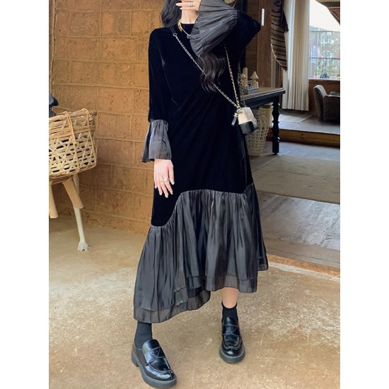 Pleated Split-Joint Flared Sleeves High Waisted Round-Neck Midi Dresses Pleated Split-Joint Flared Sleeves High Waisted Round-Neck Midi Dresses