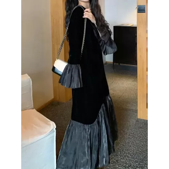 Pleated Split-Joint Flared Sleeves High Waisted Round-Neck Midi Dresses Pleated Split-Joint Flared Sleeves High Waisted Round-Neck Midi Dresses