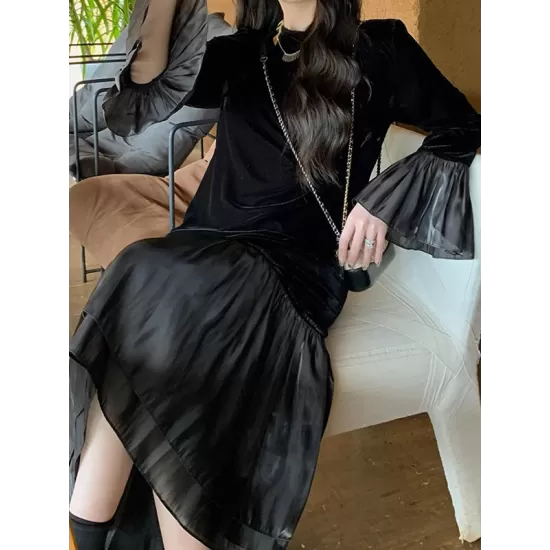 Pleated Split-Joint Flared Sleeves High Waisted Round-Neck Midi Dresses Pleated Split-Joint Flared Sleeves High Waisted Round-Neck Midi Dresses