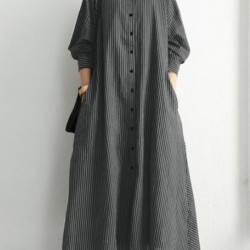 Buttoned Striped A-Line Long Sleeves Lapel Shirt Dress Maxi Dresses