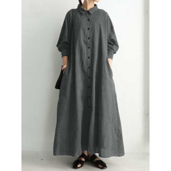 Buttoned Striped A-Line Long Sleeves Lapel Shirt Dress Maxi Dresses Buttoned Striped A-Line Long Sleeves Lapel Shirt Dress Maxi Dresses