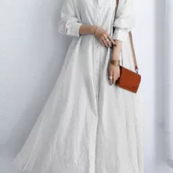 Buttoned Striped A-Line Long Sleeves Lapel Shirt Dress Maxi Dresses