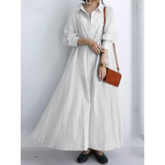 Buttoned Striped A-Line Long Sleeves Lapel Shirt Dress Maxi Dresses Buttoned Striped A-Line Long Sleeves Lapel Shirt Dress Maxi Dresses