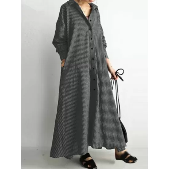 Buttoned Striped A-Line Long Sleeves Lapel Shirt Dress Maxi Dresses Buttoned Striped A-Line Long Sleeves Lapel Shirt Dress Maxi Dresses