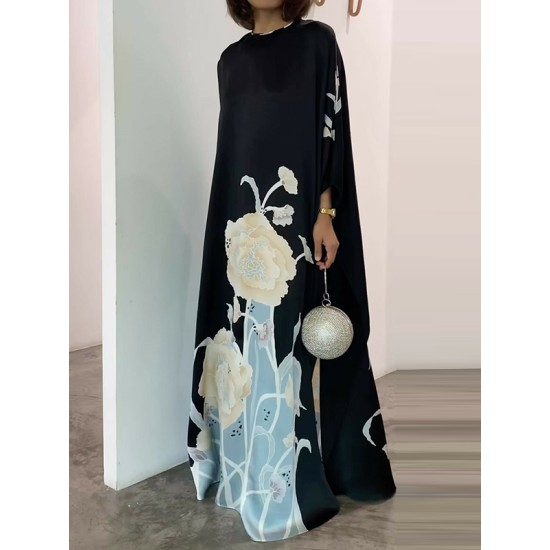 Cap Sleeve Loose Printed Round-Neck Maxi Dresses Cap Sleeve Loose Printed Round-Neck Maxi Dresses