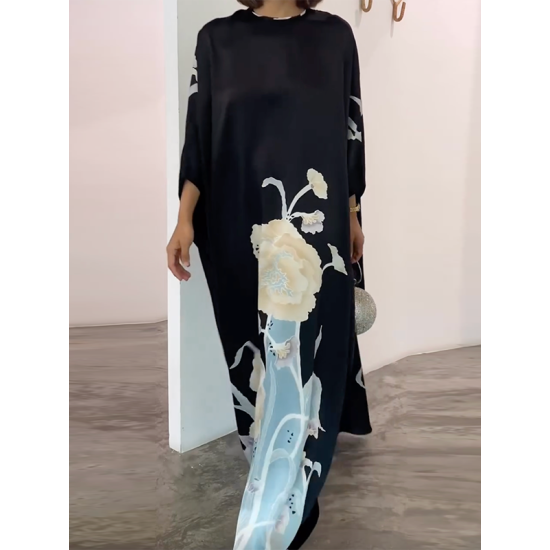 Cap Sleeve Loose Printed Round-Neck Maxi Dresses Cap Sleeve Loose Printed Round-Neck Maxi Dresses