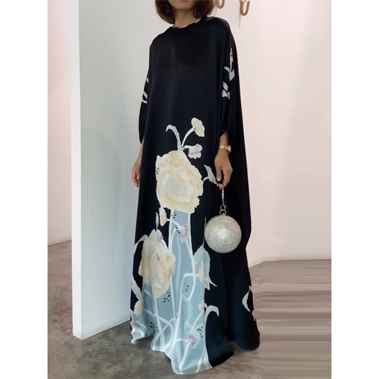 Cap Sleeve Loose Printed Round-Neck Maxi Dresses Cap Sleeve Loose Printed Round-Neck Maxi Dresses