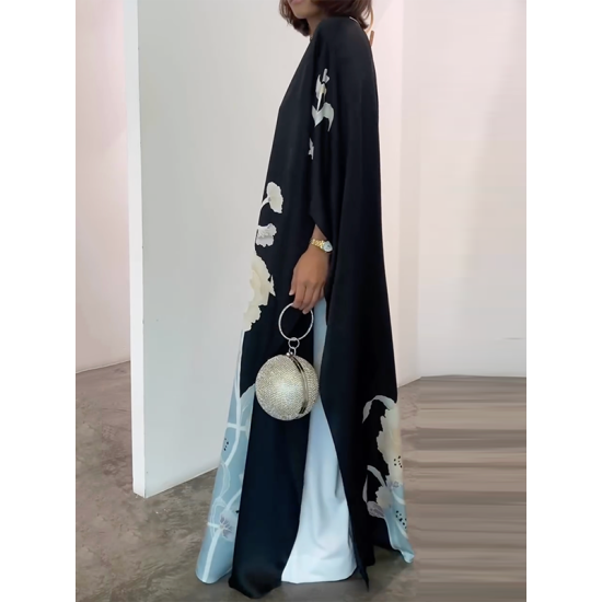 Cap Sleeve Loose Printed Round-Neck Maxi Dresses Cap Sleeve Loose Printed Round-Neck Maxi Dresses