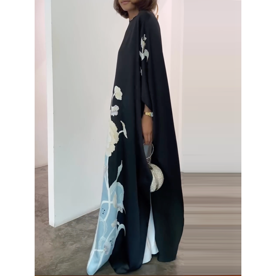 Cap Sleeve Loose Printed Round-Neck Maxi Dresses Cap Sleeve Loose Printed Round-Neck Maxi Dresses