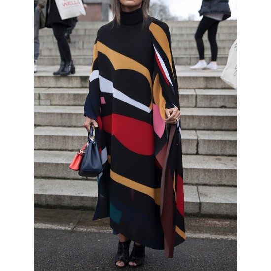 Batwing Sleeves Loose Contrast Color Printed Split-Joint High Neck Maxi Dresses Batwing Sleeves Loose Contrast Color Printed Split-Joint High Neck Maxi Dresses