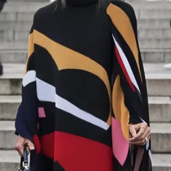 Batwing Sleeves Loose Contrast Color Printed Split-Joint High Neck Maxi Dresses